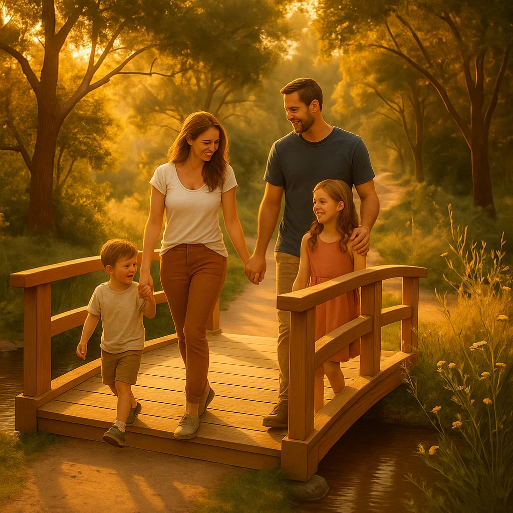 Warm family space with child drawings and comfortable seating